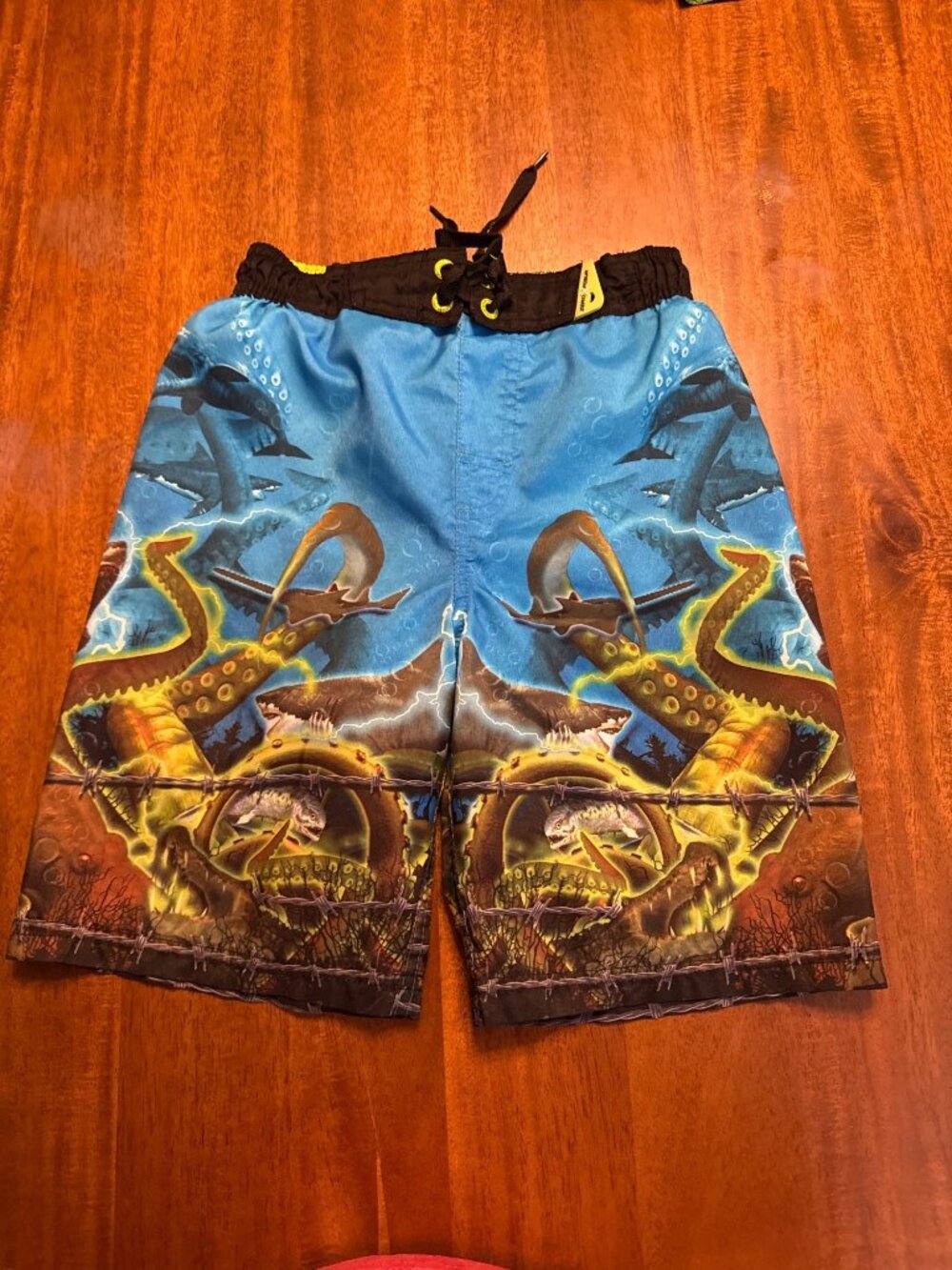 Zero X Posur Boys Swim Trunks Large-7 Blue Graphic Sharks Octopus Elastic Waist